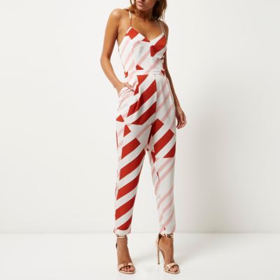 Red stripe tapered jumpsuit
